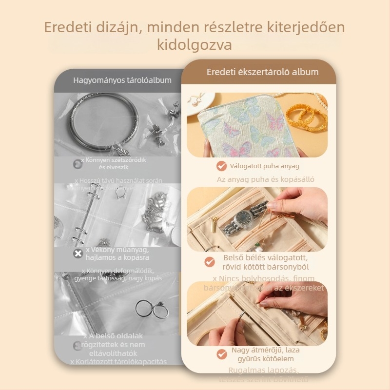 Velúr ékszertároló cipzárral, oxidáció elleni védelem, hordozható luxus tároló utazáshoz
