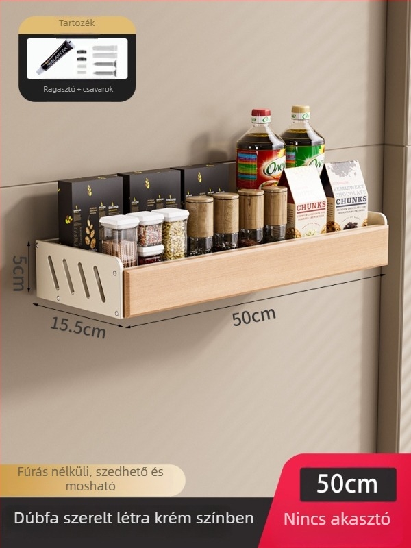 Krémstílusú tömörfa konyhai polc - falra szerelhető, fúrás nélkül, levehető és mosható, multifunkcionális tároló fűszerek és kések számára
