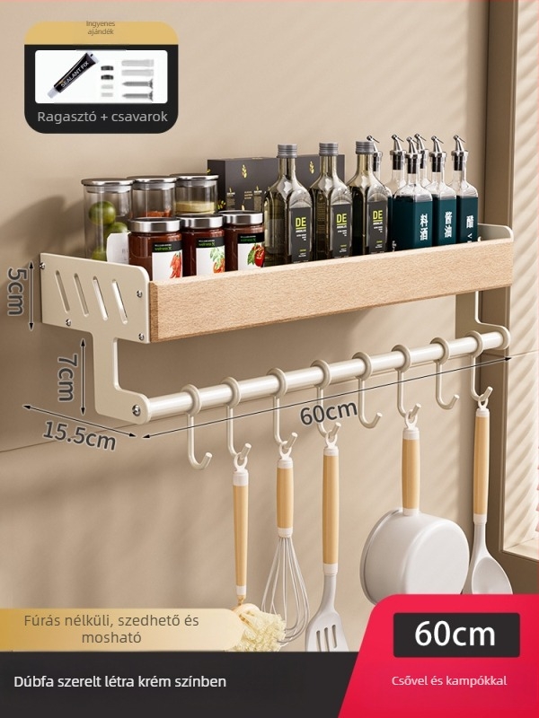 Krémstílusú tömörfa konyhai polc - falra szerelhető, fúrás nélkül, levehető és mosható, multifunkcionális tároló fűszerek és kések számára