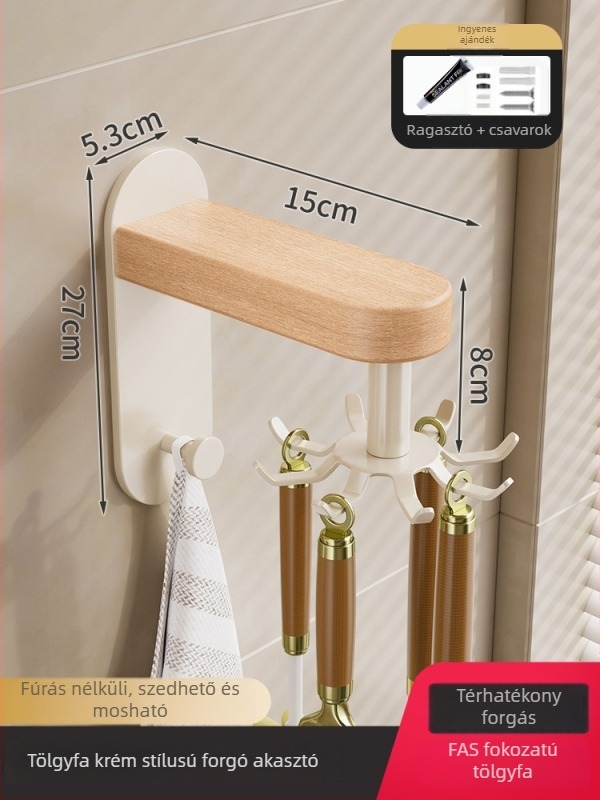 Krémstílusú tömörfa konyhai polc - falra szerelhető, fúrás nélkül, levehető és mosható, multifunkcionális tároló fűszerek és kések számára