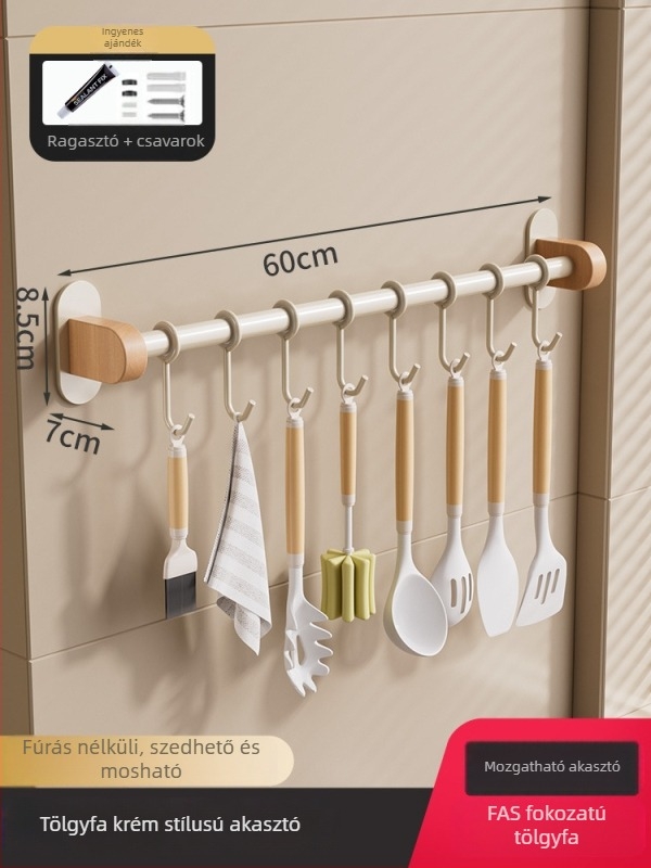 Krémstílusú tömörfa konyhai polc - falra szerelhető, fúrás nélkül, levehető és mosható, multifunkcionális tároló fűszerek és kések számára