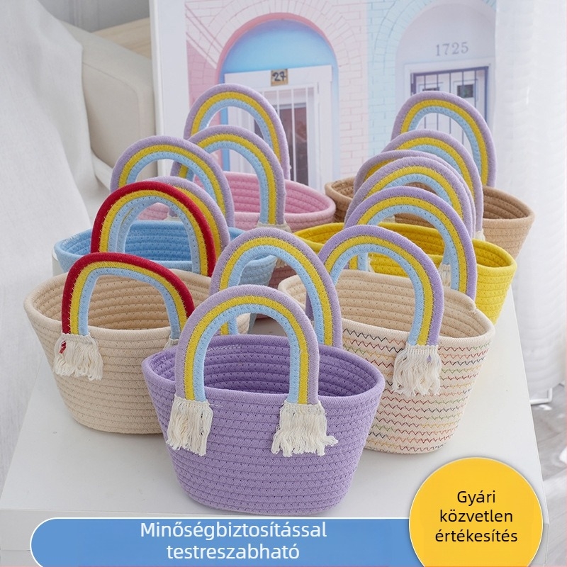 Szivárvány színű pamut szövött tote táska kézi fogantyúval, felhő motívummal, plázs szalmafonott táska, pamutkötél kosár, utazási ajándék