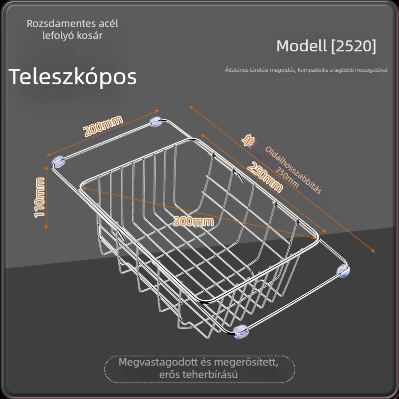 Fogantyús teleszkópos rozsdamentes acél leeresztőkosár — konyhai teleszkópos állvány zöldségek mosásához, modern minimalist dizájn