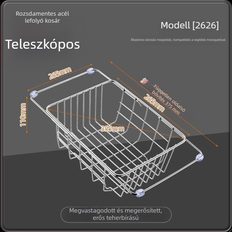 Fogantyús teleszkópos rozsdamentes acél leeresztőkosár — konyhai teleszkópos állvány zöldségek mosásához, modern minimalist dizájn