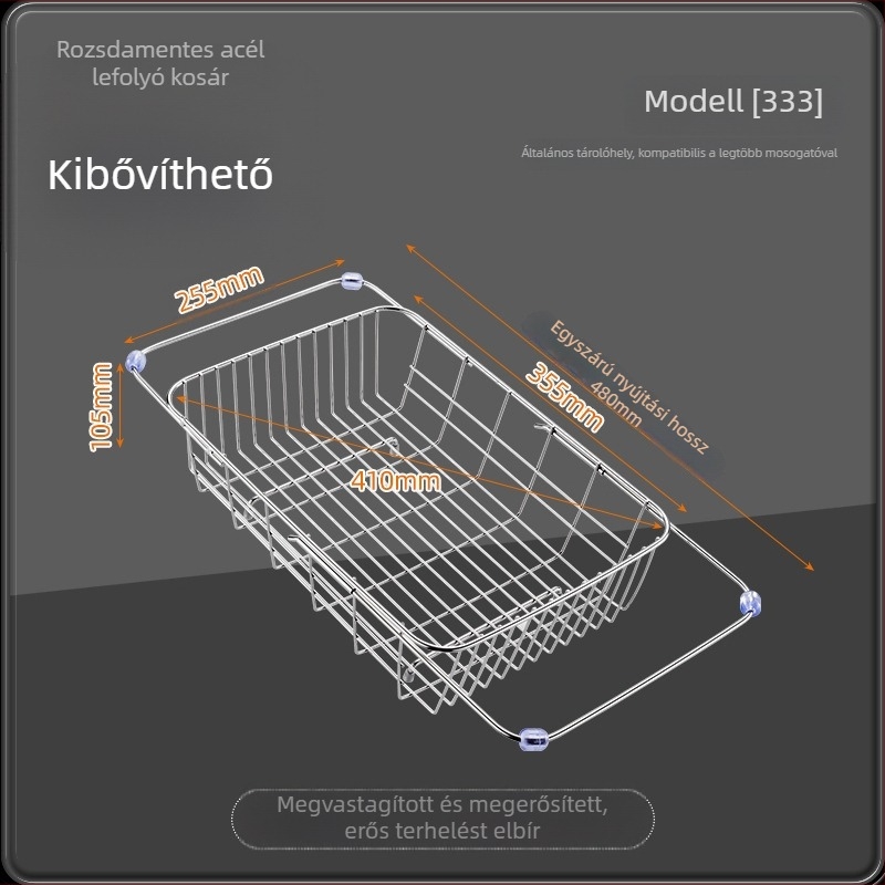 Fogantyús teleszkópos rozsdamentes acél leeresztőkosár — konyhai teleszkópos állvány zöldségek mosásához, modern minimalist dizájn