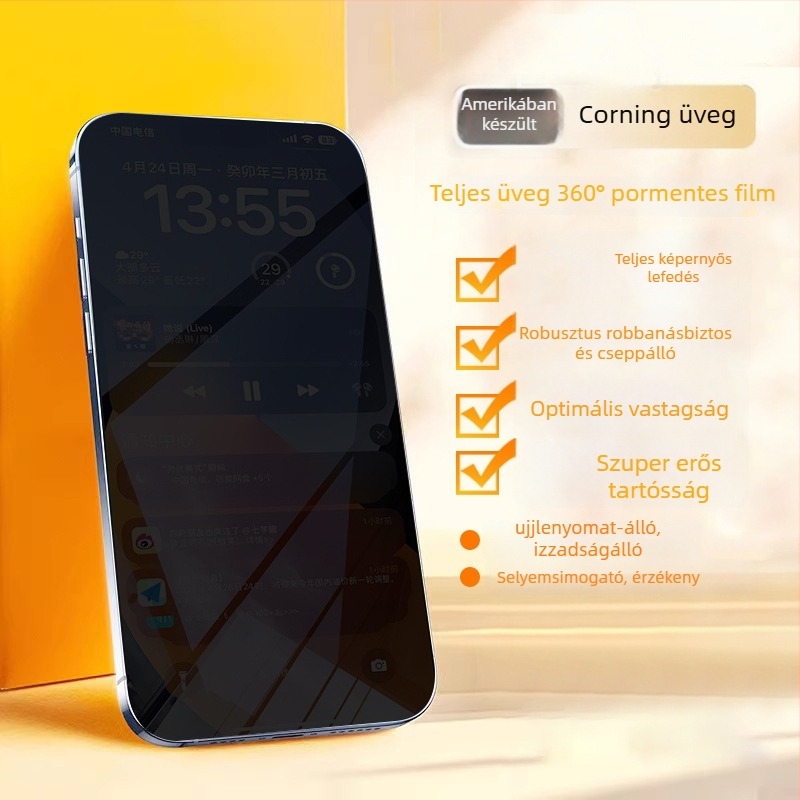 Kérgesített üveg kijelzővédő anti-peep és ütésvédelmi funkcióval iPhone 11–14 Pro/Max