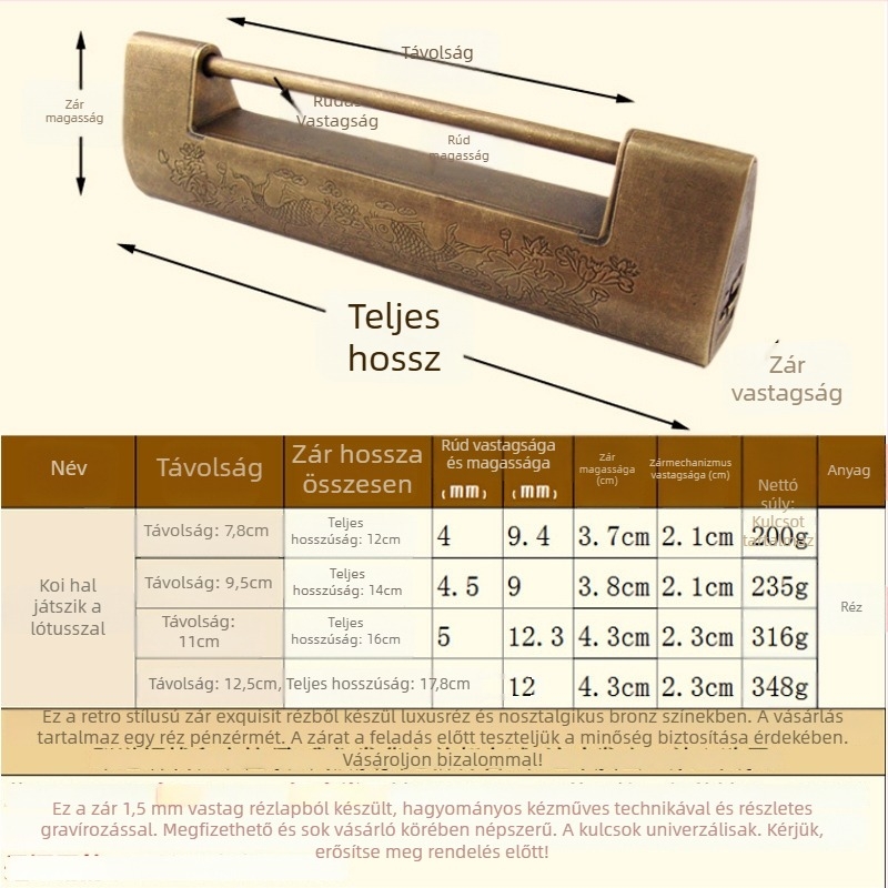 Horizontális szekrényzár sárgarézből, új kínai stílus, antik-retro megjelenés, modell Thickened Lock, Chengyu márka