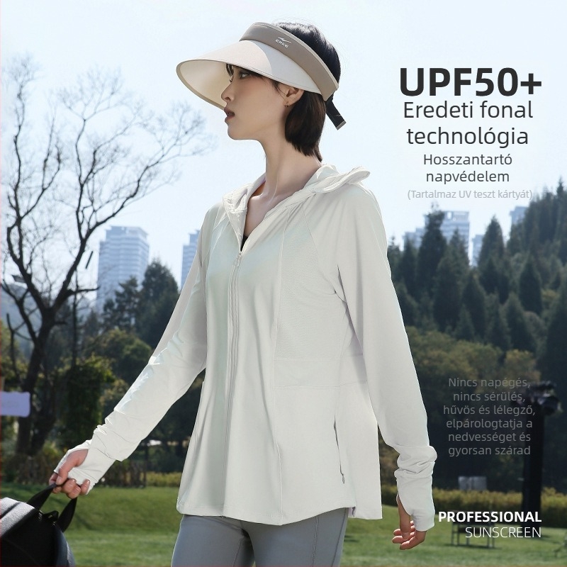 Női nyári napvédelmi dzseki, légáteresztő és könnyű, kapucnis, UPF50+, poliészter