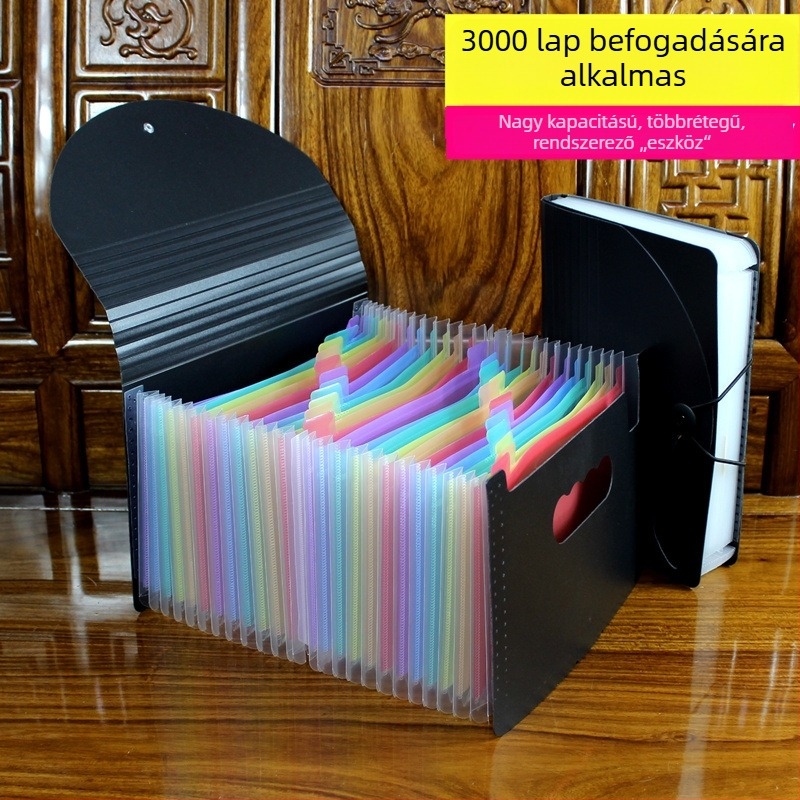 Dokumentumok és bizonylatok mappája ÁFA-s számlákkal, szállítólevelekkel és nyugtákkal, akkordeon-stílusú rendező, tároló doboz, pénzügyi dokumentumok