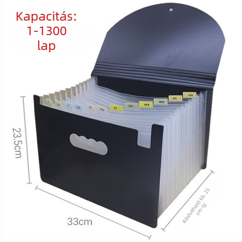 Dokumentumok és bizonylatok mappája ÁFA-s számlákkal, szállítólevelekkel és nyugtákkal, akkordeon-stílusú rendező, tároló doboz, pénzügyi dokumentumok