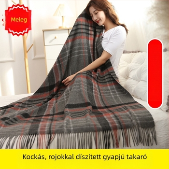 Gyapjú-kasmír pléd kockás mintával, bojtokkal, könnyű és rendkívül puha