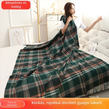 Gyapjú-kasmír pléd kockás mintával, bojtokkal, könnyű és rendkívül puha