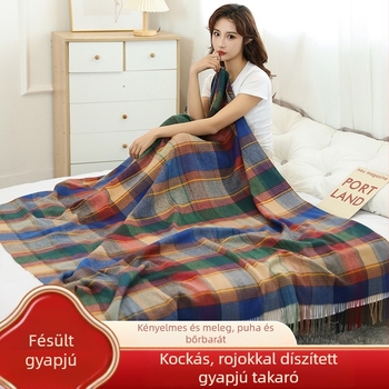 Gyapjú-kasmír pléd kockás mintával, bojtokkal, könnyű és rendkívül puha
