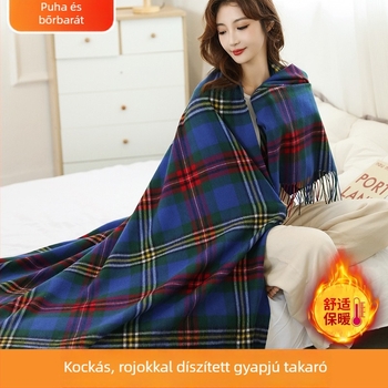 Gyapjú-kasmír pléd kockás mintával, bojtokkal, könnyű és rendkívül puha