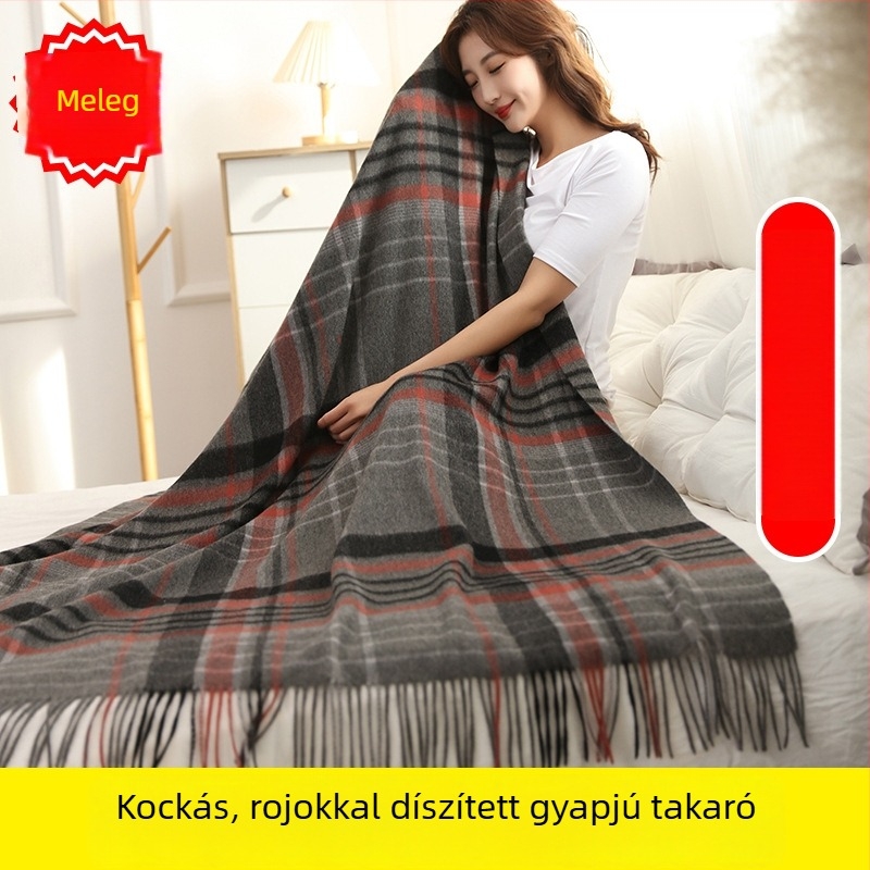 Gyapjú-kasmír pléd kockás mintával, bojtokkal, könnyű és rendkívül puha