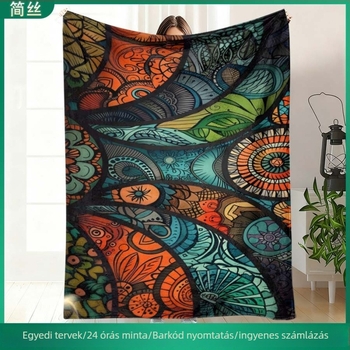 Flanel takaró alváshoz poliészterből, geometriai etno mintával és absztrakt művészettel, testre szabható, egész éves használatra, könnyű, <300 g