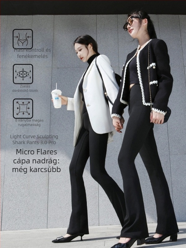 Női micro haranglábú jóga nadrág – magas derék, csípőemelő, karcsúsító szabás, nylon-spandex (70–80% nylon), közepes vastagság