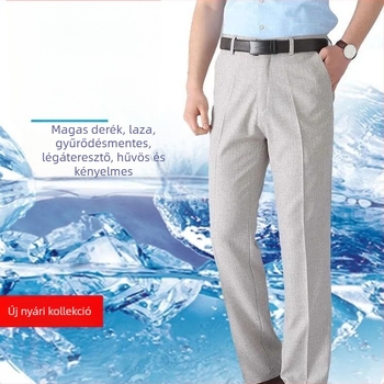 Férfi pamut-szövet nyári casual nadrág, magas derék, egyenes vágás, zipzár, légáteresztő anyag