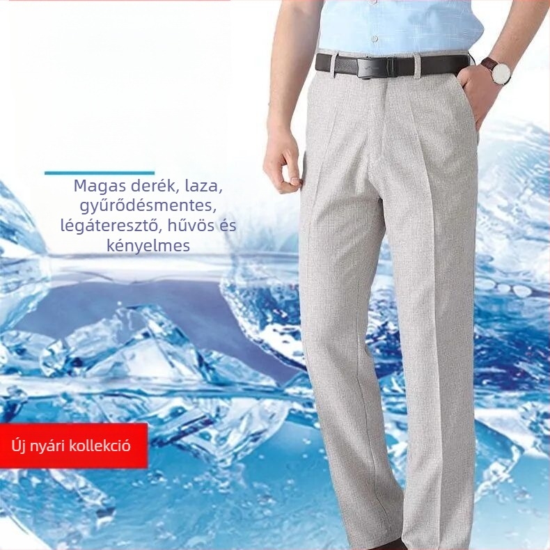 Férfi pamut-szövet nyári casual nadrág, magas derék, egyenes vágás, zipzár, légáteresztő anyag