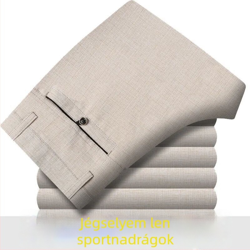 Férfi pamut-szövet nyári casual nadrág, magas derék, egyenes vágás, zipzár, légáteresztő anyag