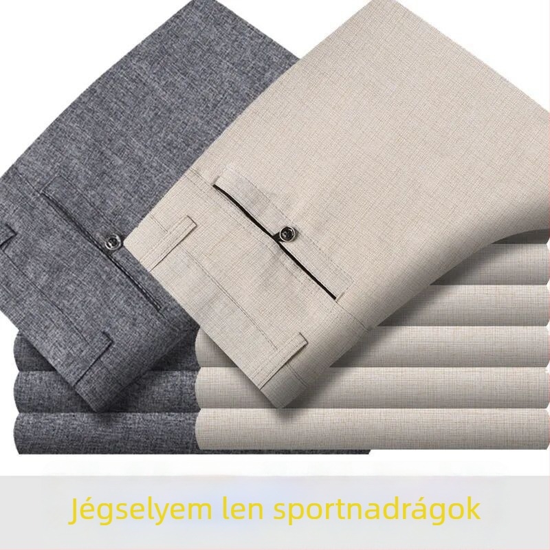 Férfi pamut-szövet nyári casual nadrág, magas derék, egyenes vágás, zipzár, légáteresztő anyag