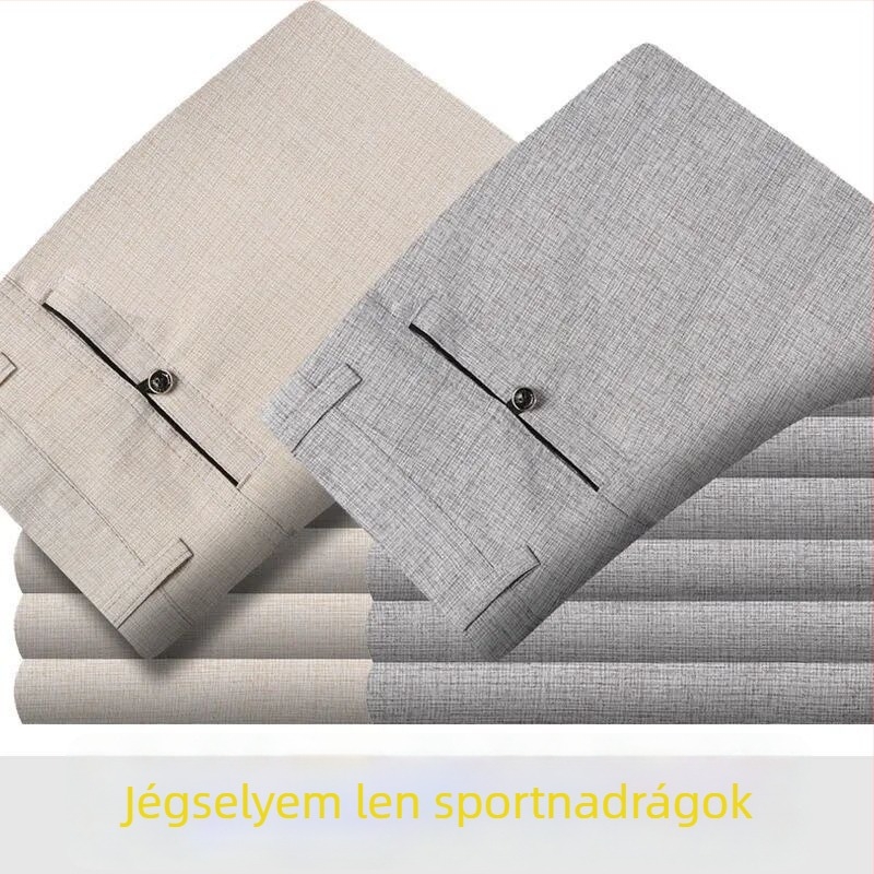 Férfi pamut-szövet nyári casual nadrág, magas derék, egyenes vágás, zipzár, légáteresztő anyag