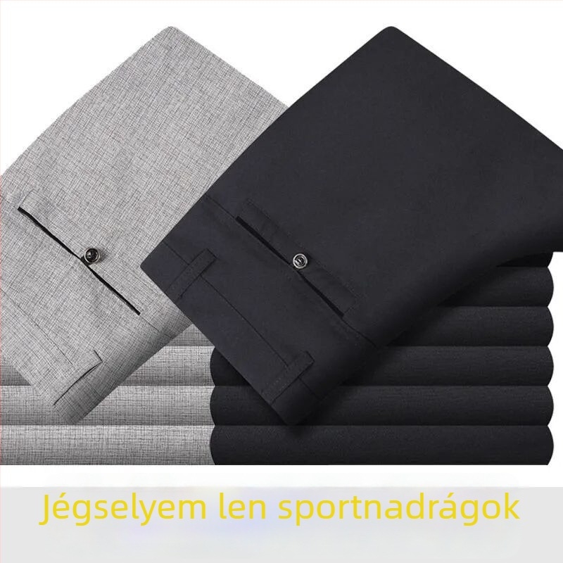 Férfi pamut-szövet nyári casual nadrág, magas derék, egyenes vágás, zipzár, légáteresztő anyag