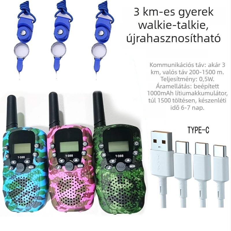 Huike T388 Gyerek Walkie-Talkie 22 csatorna, 1,5–3 km hatótáv, RF teljesítmény 0,5 W, 3,7 V lítium akkumulátor, kijelzővel