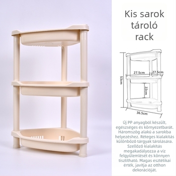 Műanyag 3‑szintes tároló állvány háromszög alapú talppal fürdőszobába és konyhába, teherbírás 5–10 kg