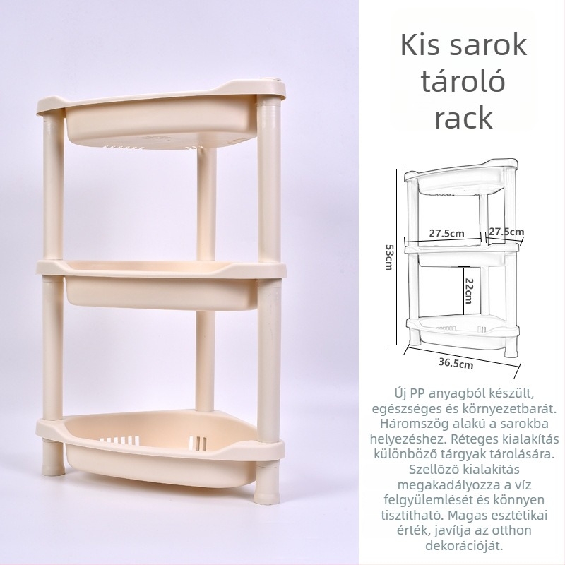Műanyag 3‑szintes tároló állvány háromszög alapú talppal fürdőszobába és konyhába, teherbírás 5–10 kg