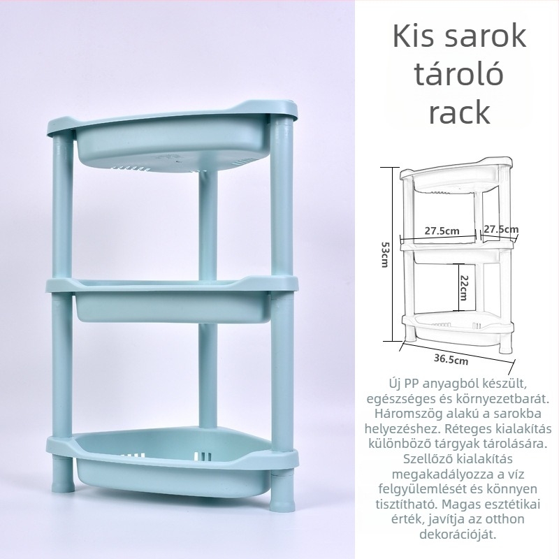 Műanyag 3‑szintes tároló állvány háromszög alapú talppal fürdőszobába és konyhába, teherbírás 5–10 kg