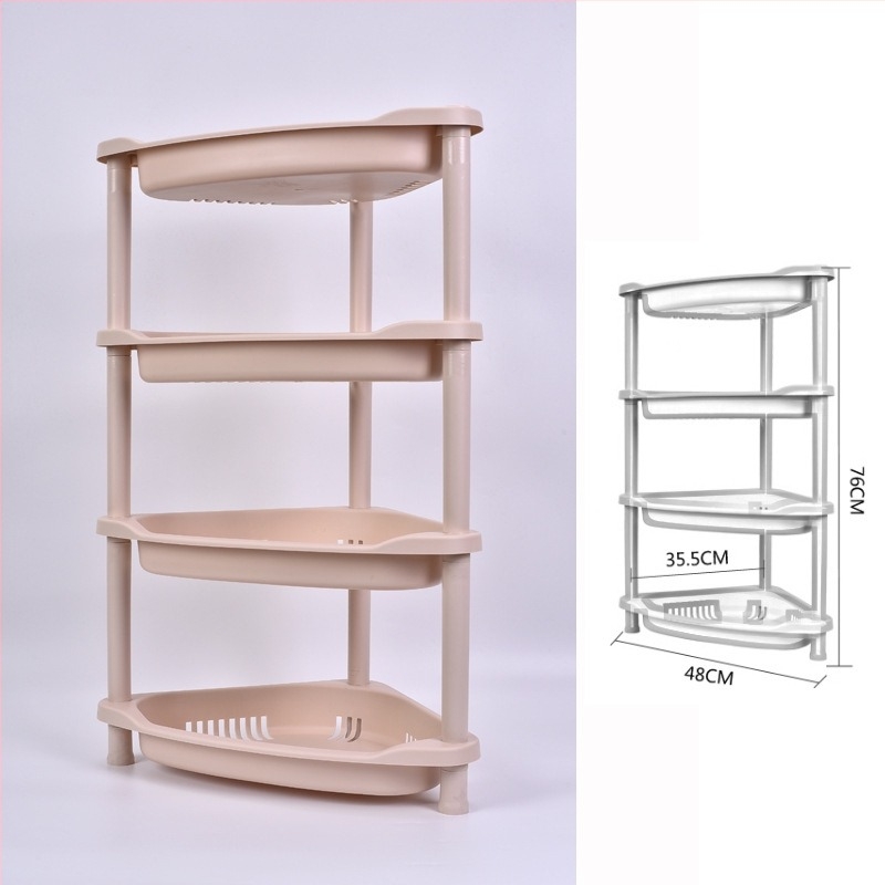 Műanyag 3‑szintes tároló állvány háromszög alapú talppal fürdőszobába és konyhába, teherbírás 5–10 kg