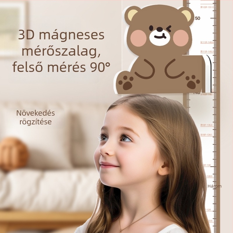 Gyermekek magasságmérő falikép – 3D Cartoon dizájn, PVC, vízálló, aranyos állatmintával, 1 darab