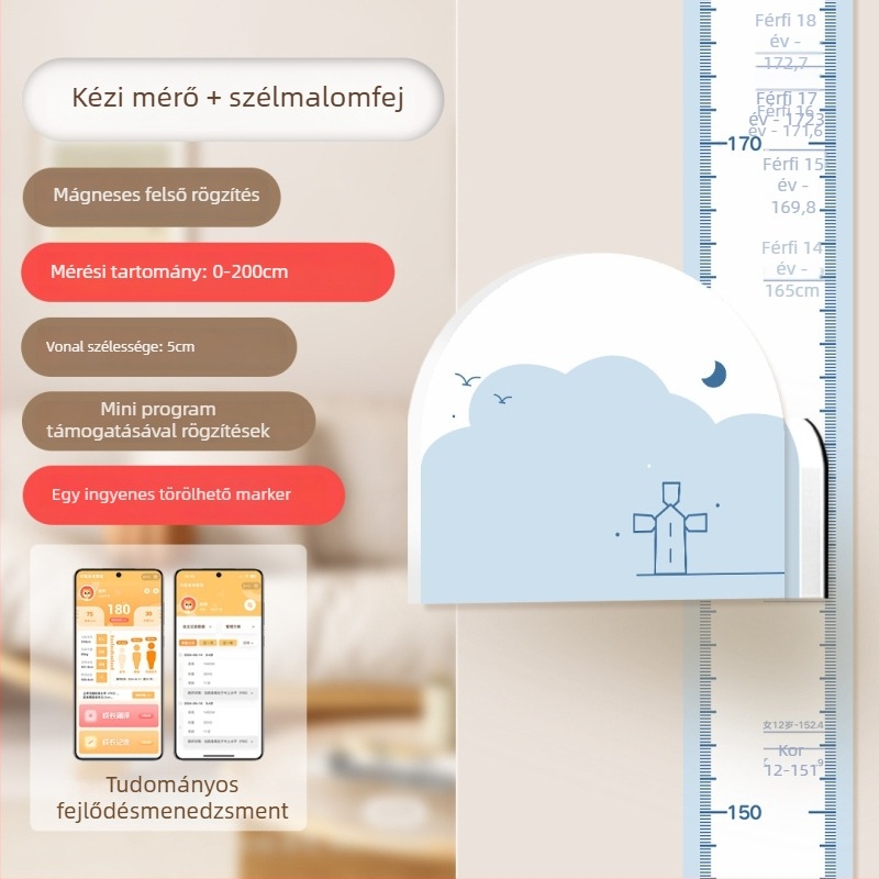 Gyermekek magasságmérő falikép – 3D Cartoon dizájn, PVC, vízálló, aranyos állatmintával, 1 darab