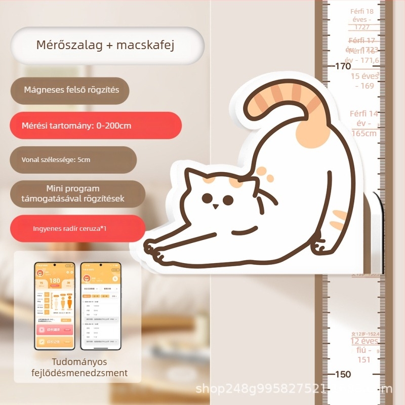 Gyermekek magasságmérő falikép – 3D Cartoon dizájn, PVC, vízálló, aranyos állatmintával, 1 darab