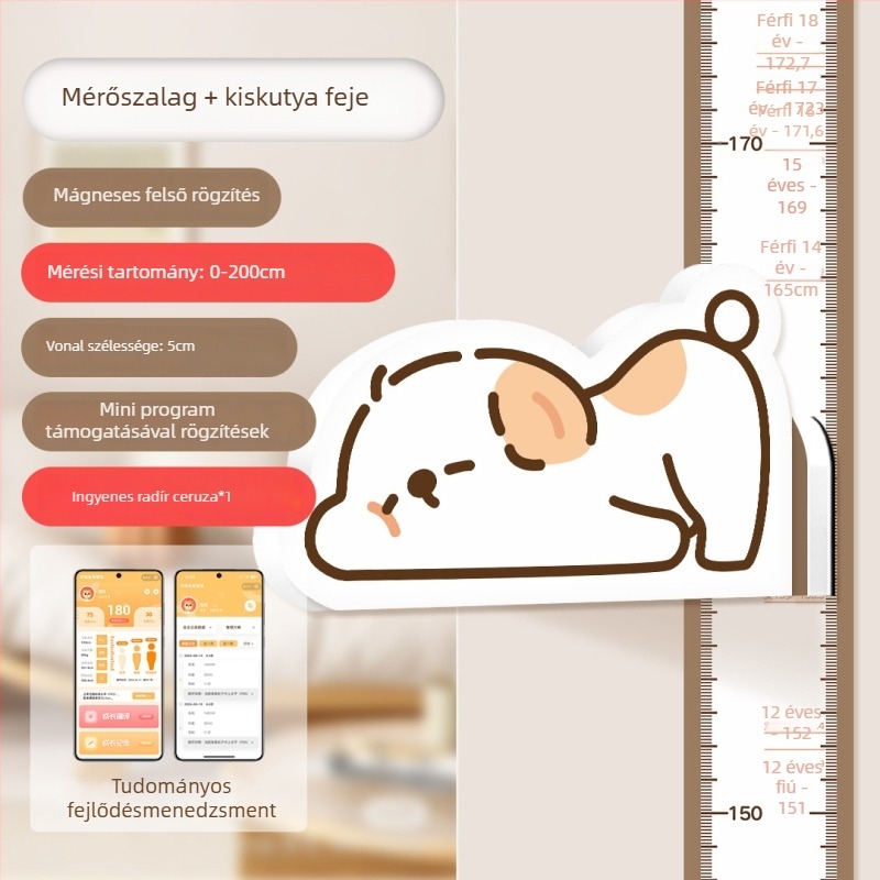 Gyermekek magasságmérő falikép – 3D Cartoon dizájn, PVC, vízálló, aranyos állatmintával, 1 darab