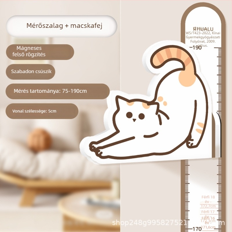 Gyermekek magasságmérő falikép – 3D Cartoon dizájn, PVC, vízálló, aranyos állatmintával, 1 darab