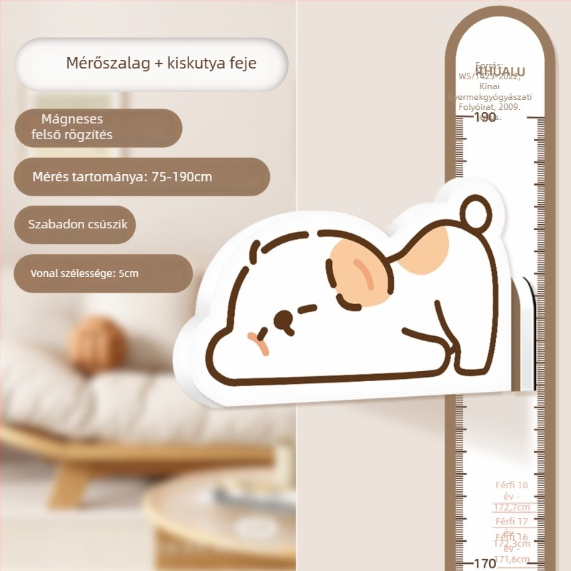 Gyermekek magasságmérő falikép – 3D Cartoon dizájn, PVC, vízálló, aranyos állatmintával, 1 darab