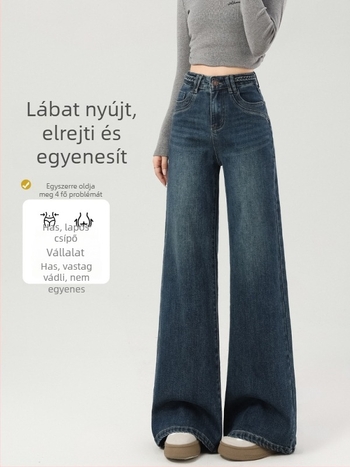 Fleece-béléssel bélelt farmernadrág nőknek, széles szárú fazon, középmagas derék, vastag denim, mosott felület