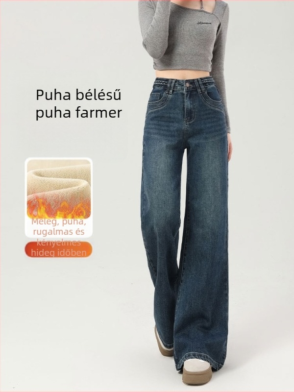 Fleece-béléssel bélelt farmernadrág nőknek, széles szárú fazon, középmagas derék, vastag denim, mosott felület