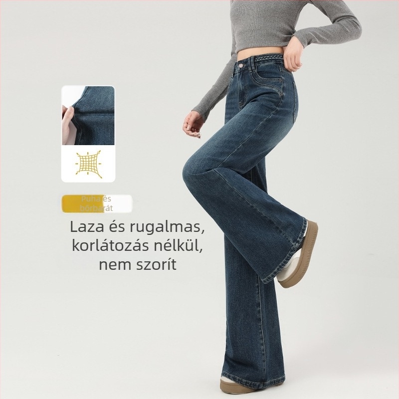 Fleece-béléssel bélelt farmernadrág nőknek, széles szárú fazon, középmagas derék, vastag denim, mosott felület