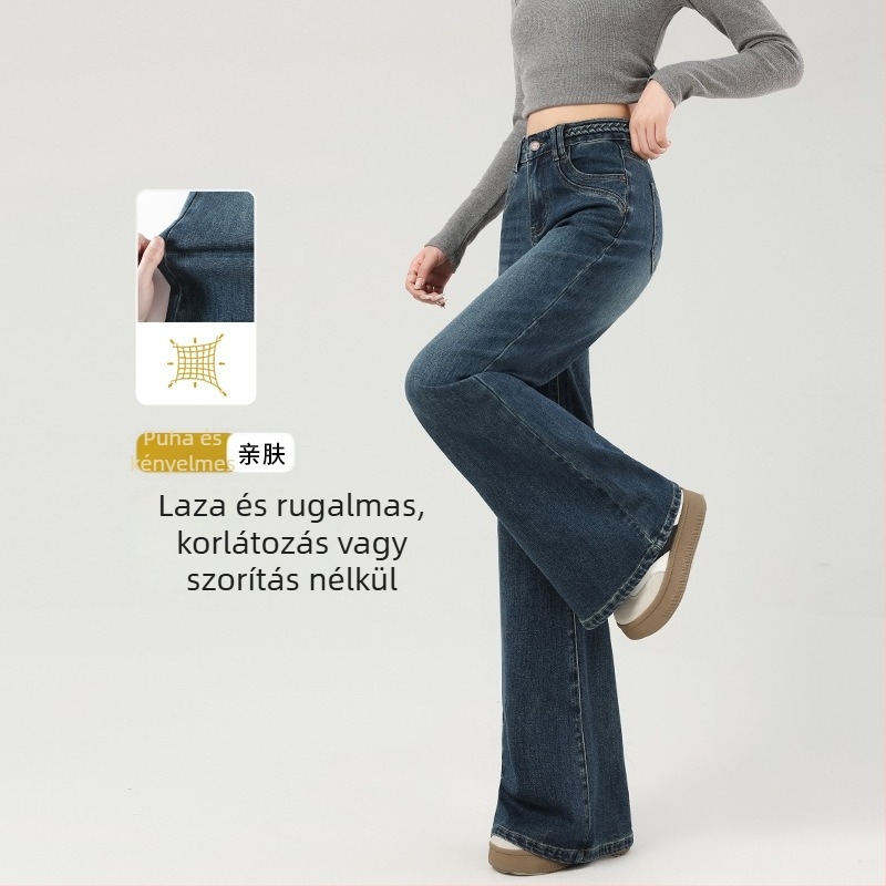 Fleece-béléssel bélelt farmernadrág nőknek, széles szárú fazon, középmagas derék, vastag denim, mosott felület