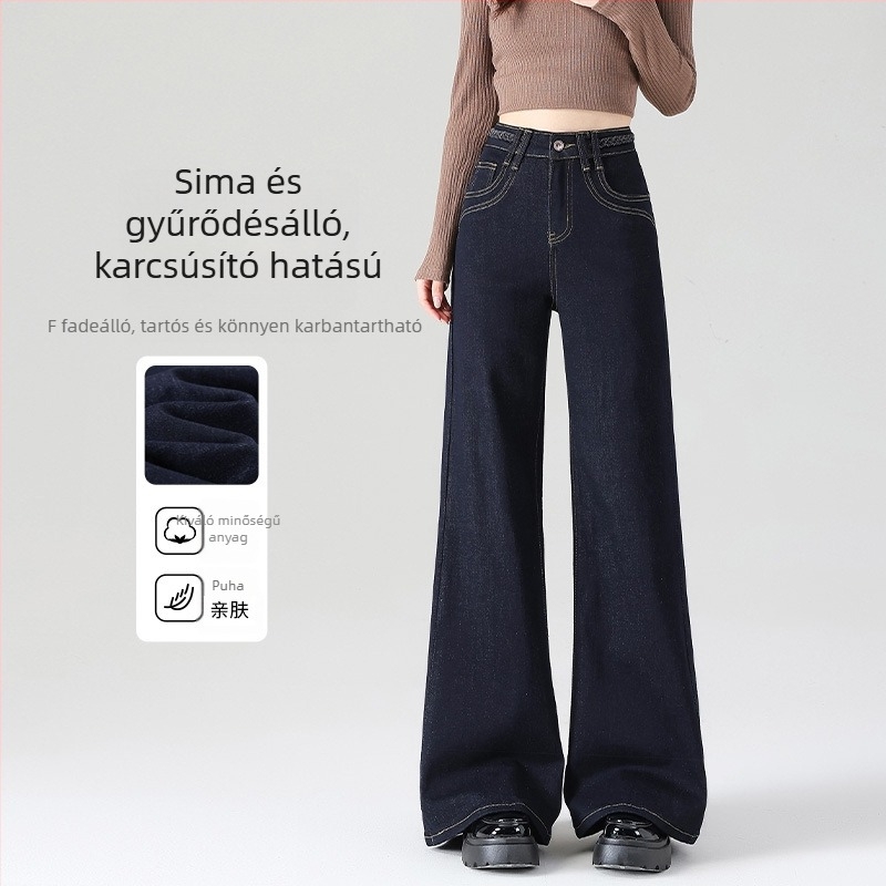 Fleece-béléssel bélelt farmernadrág nőknek, széles szárú fazon, középmagas derék, vastag denim, mosott felület