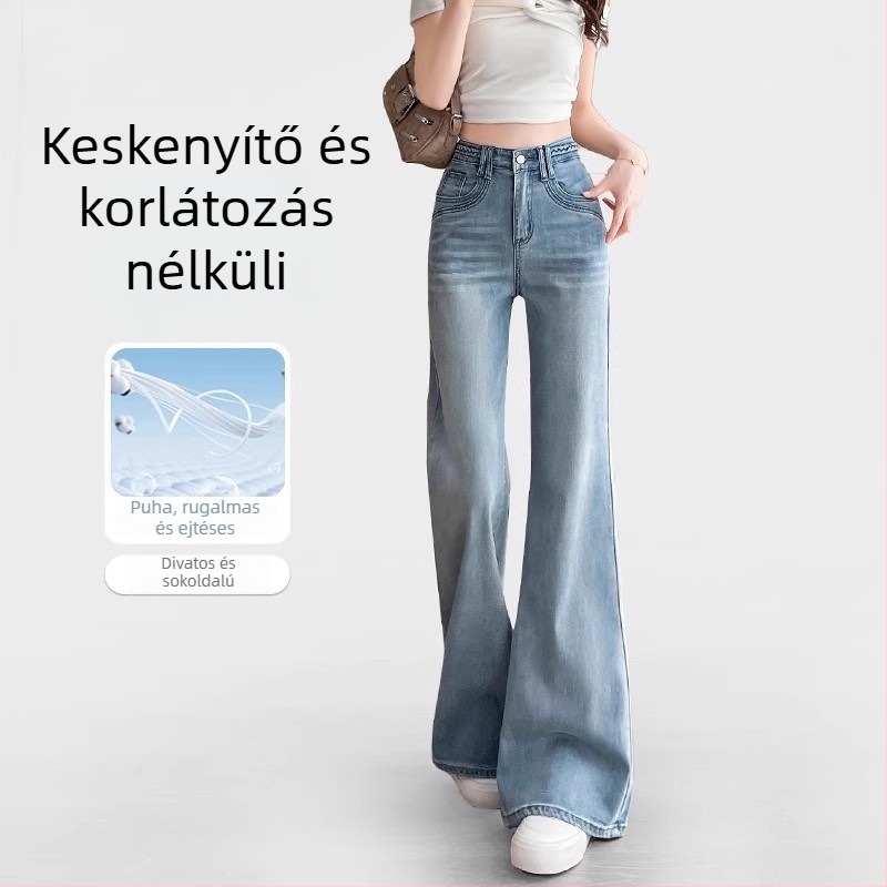 Fleece-béléssel bélelt farmernadrág nőknek, széles szárú fazon, középmagas derék, vastag denim, mosott felület