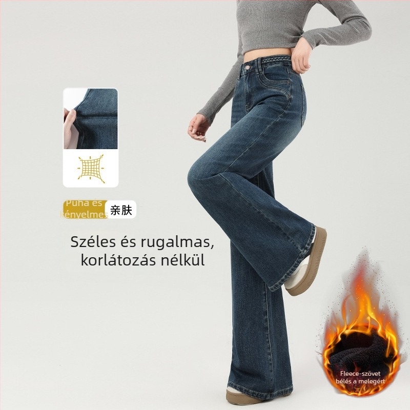 Fleece-béléssel bélelt farmernadrág nőknek, széles szárú fazon, középmagas derék, vastag denim, mosott felület