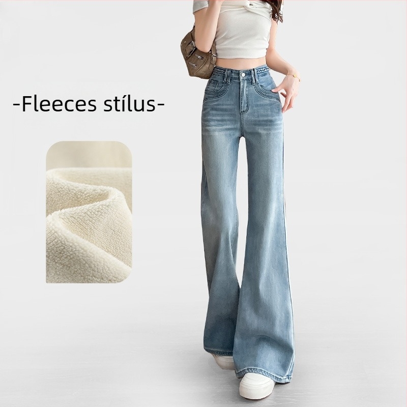 Fleece-béléssel bélelt farmernadrág nőknek, széles szárú fazon, középmagas derék, vastag denim, mosott felület