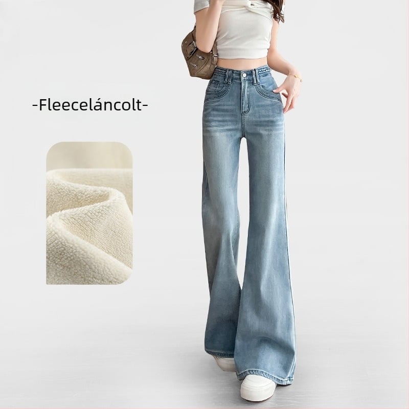 Fleece-béléssel bélelt farmernadrág nőknek, széles szárú fazon, középmagas derék, vastag denim, mosott felület