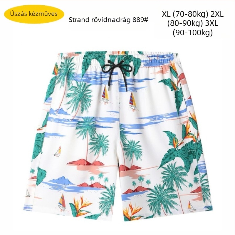 Férfi strandnadrág, laza szabás, mintás, poliészter 90–95%, 150 g