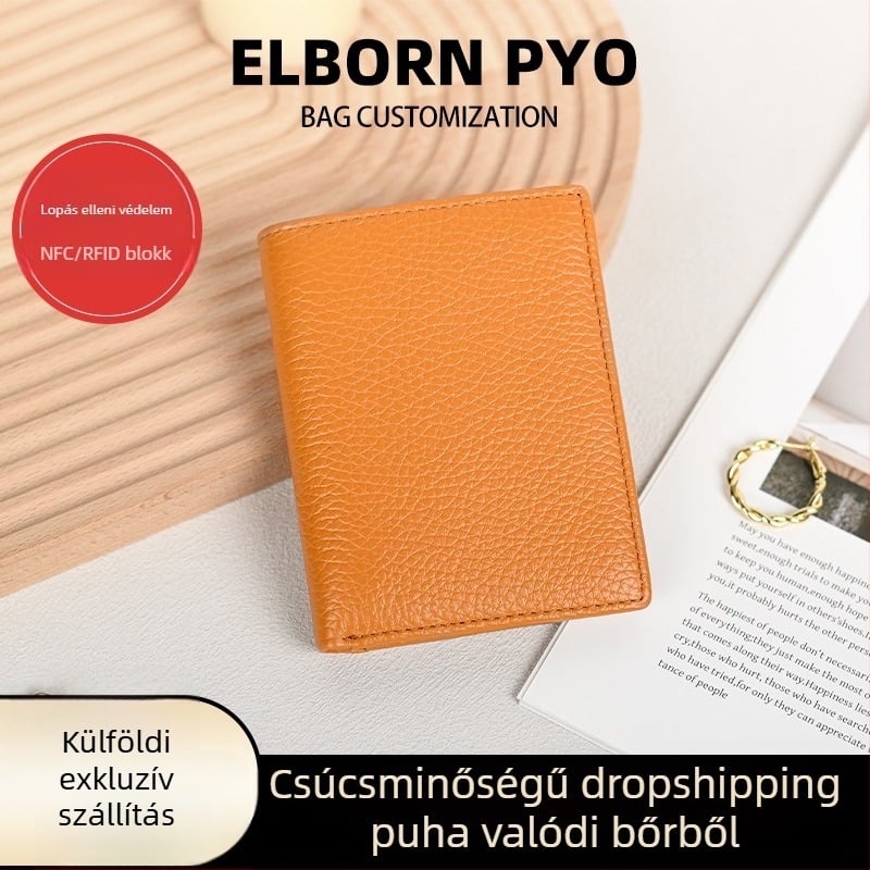 Női valódi bőr pénztárca, nagy kapacitás, több kártyatartó, rejtett záras aprópénzes rekesz, első rétegű bőr, RFID védelem