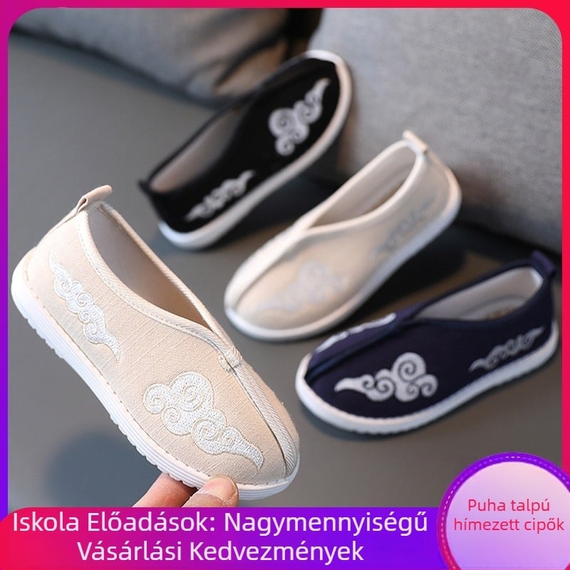 Gyerekeknek készített hagyományos kínai stílusú cipő, hímzett, kézzel szőtt textilcipő, puha lapos talppal, uniszex
